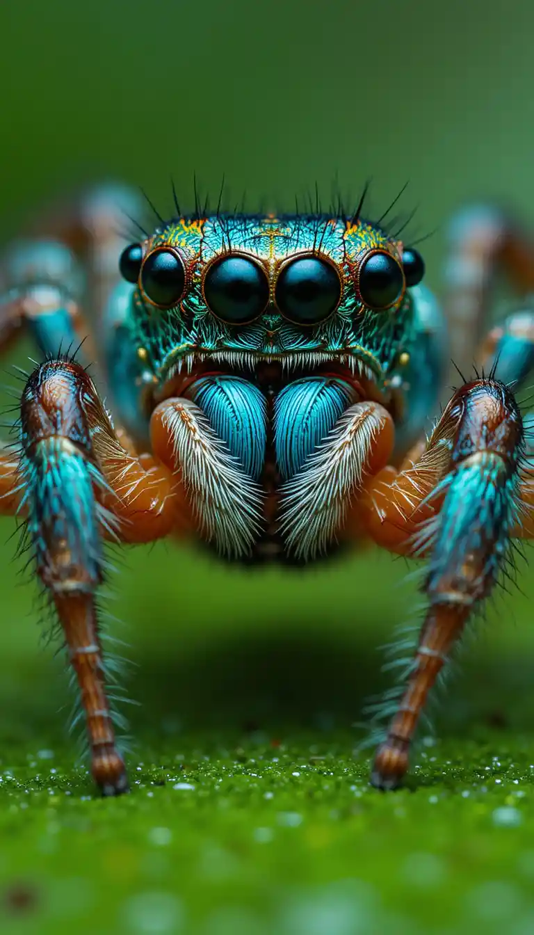 Lebhafte türkisfarbene Springspinne in detailreicher Makroaufnahme