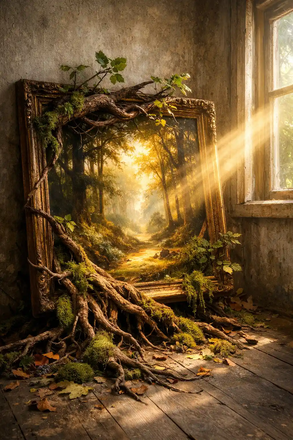 Old forest painting merging with real branches and light