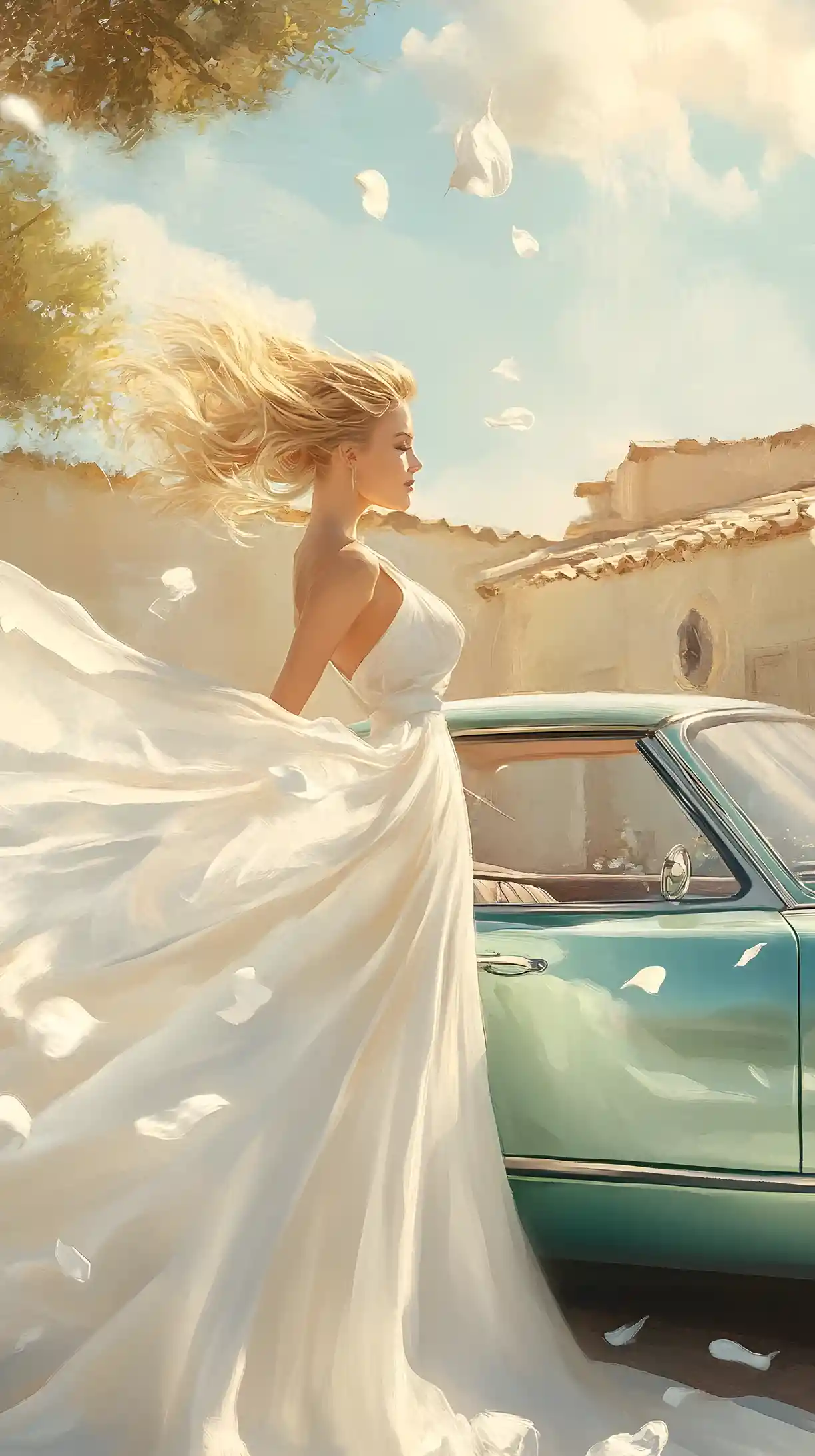 Elegant woman by green convertible on sunny village road