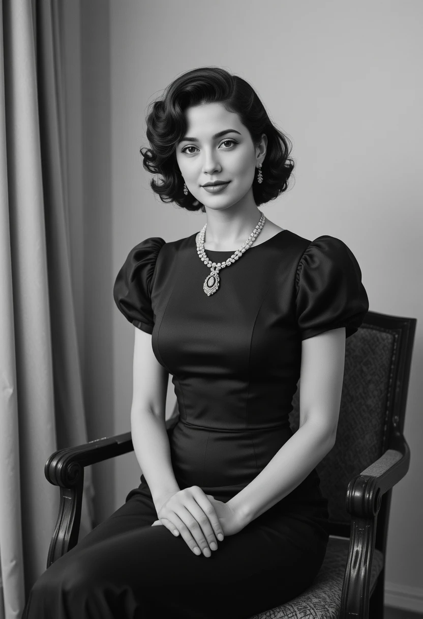 Elegant woman in vintage satin dress seated indoors