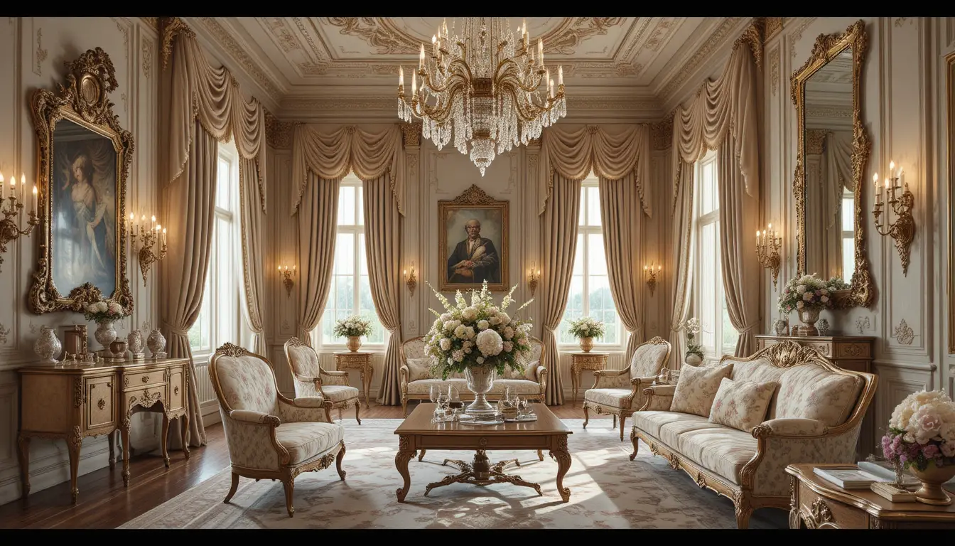 Luxurious classical palace interior with ornate furniture and chandeliers
