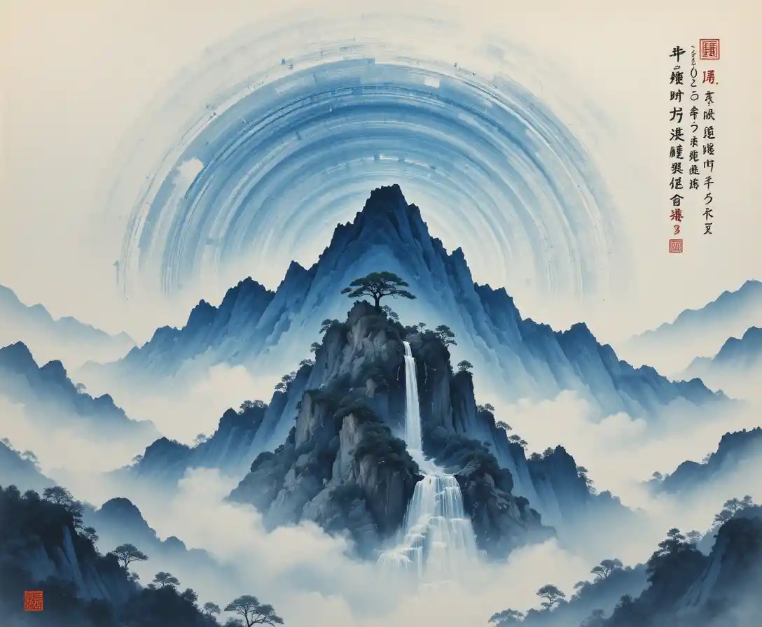 光に満ちた霧から立ち上る孤峰の水墨山
