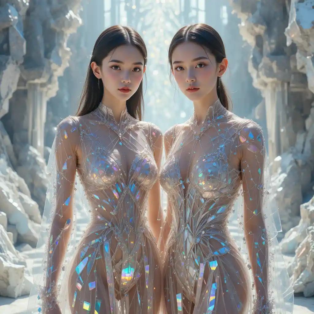 Two women in crystal dresses under dramatic refracted light