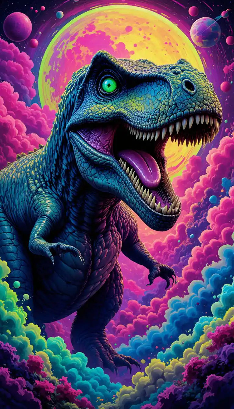 T-Rex feroce tra nuvole cosmiche al neon e pianeti