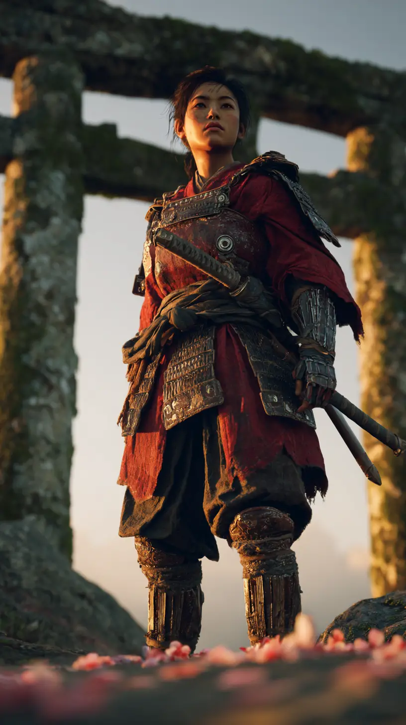 Japanese warrior woman before a ruined torii gate at dusk