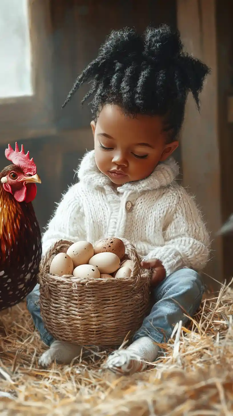Baby boy with basket of eggs sitting in rustic barn
