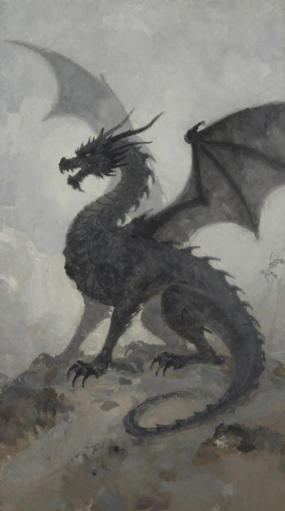 Defeated dragon resting in a desolate watercolor landscape