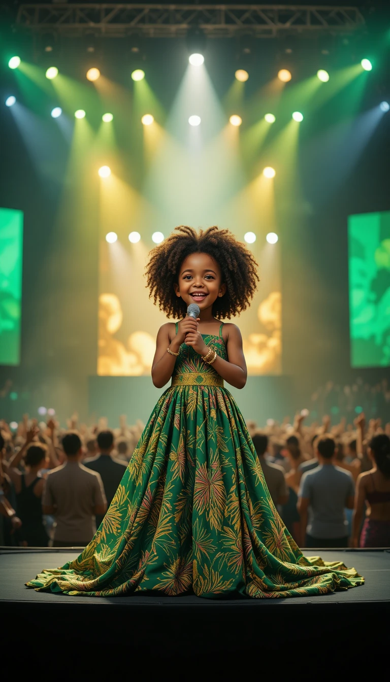 Niña africana pequeña cantando en un brillante escenario de concierto al aire libre