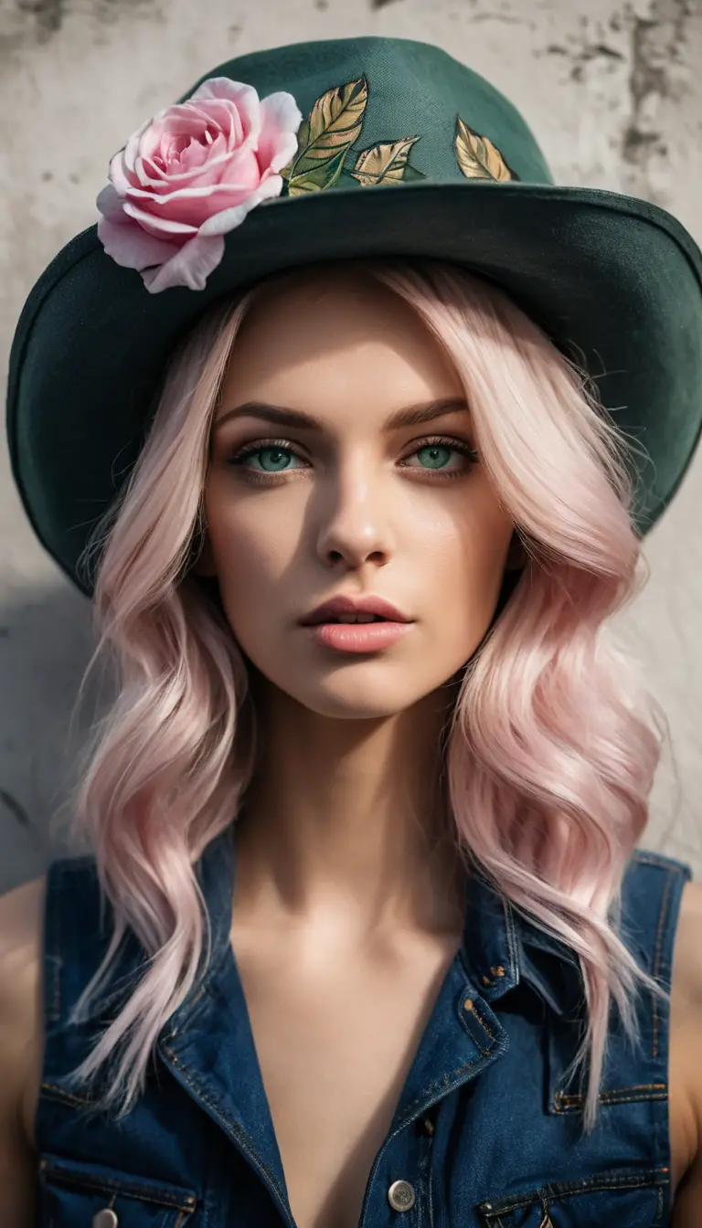 Sensual portrait of tattooed topless woman in cowboy hat