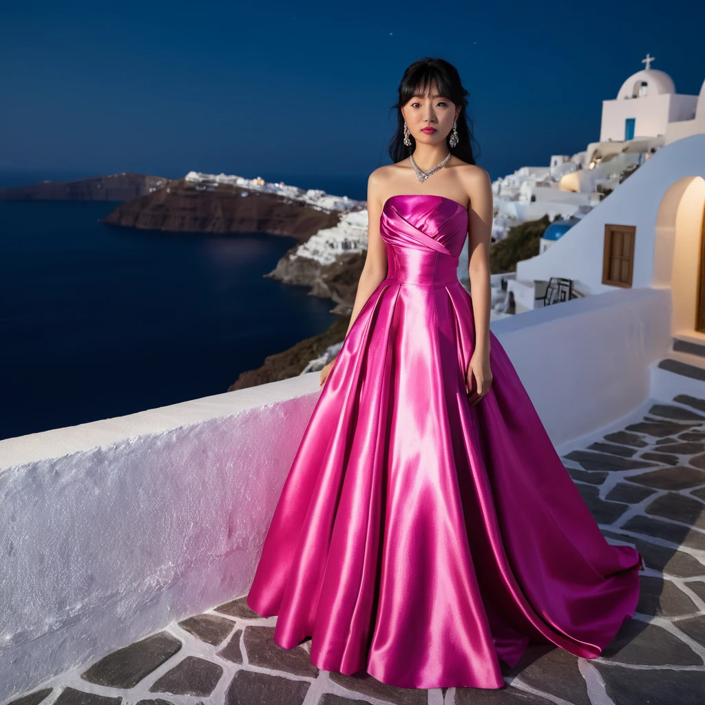 Joven mujer con vestido de satén fucsia de noche en Santorini