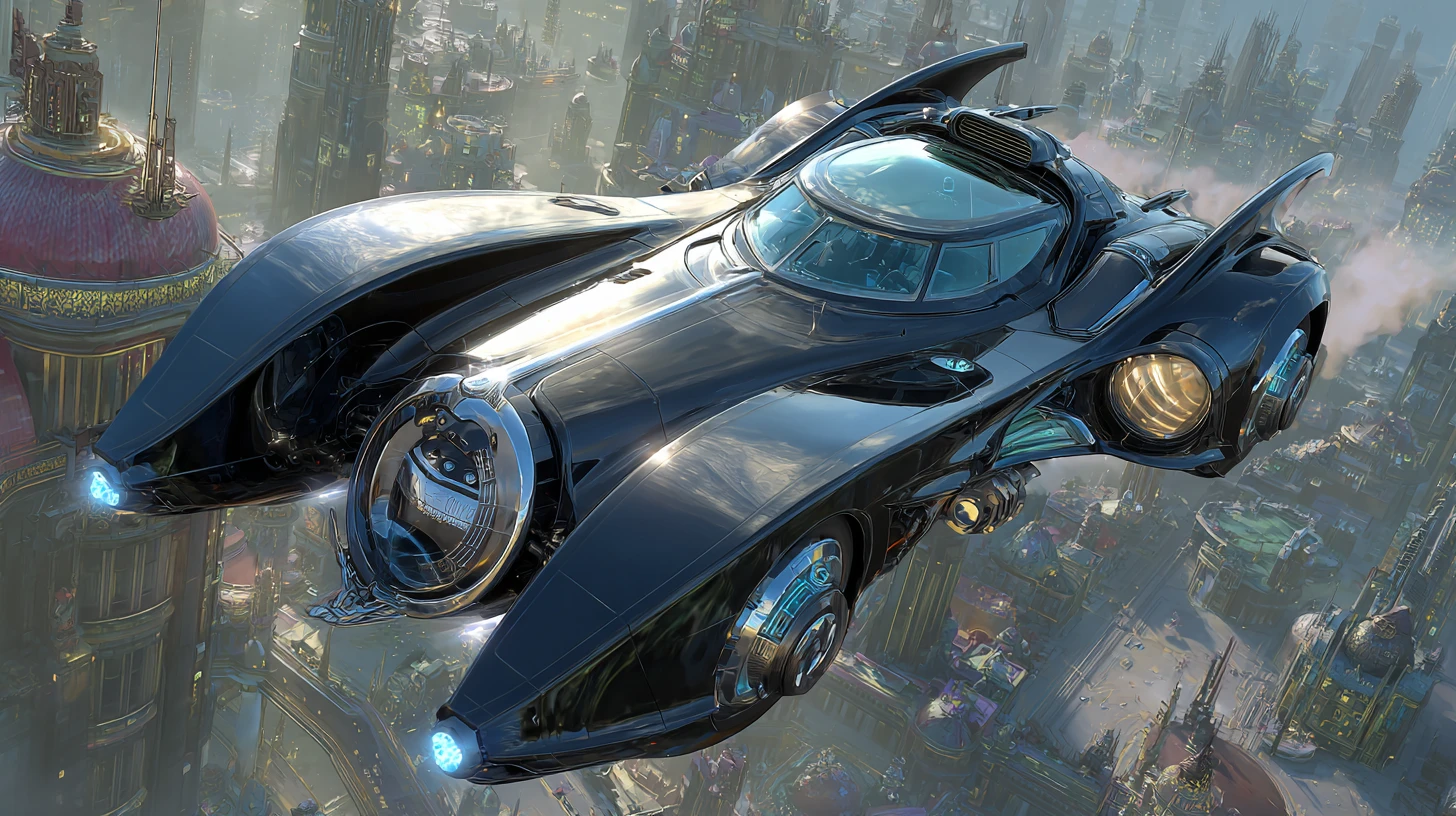Auto volante futuristica sopra una città sci‑fi avvolta nella foschia