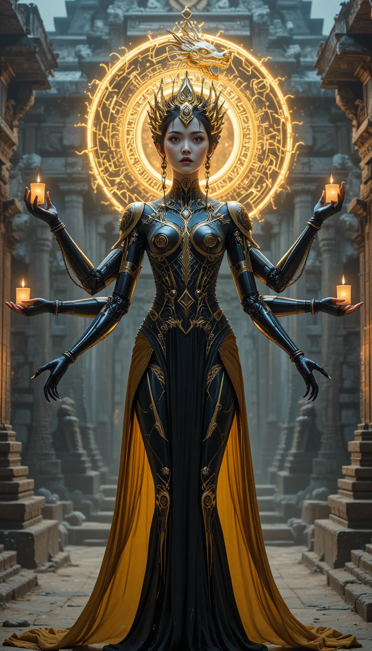 Diosa mecánica cyberpunk en un templo resplandeciente