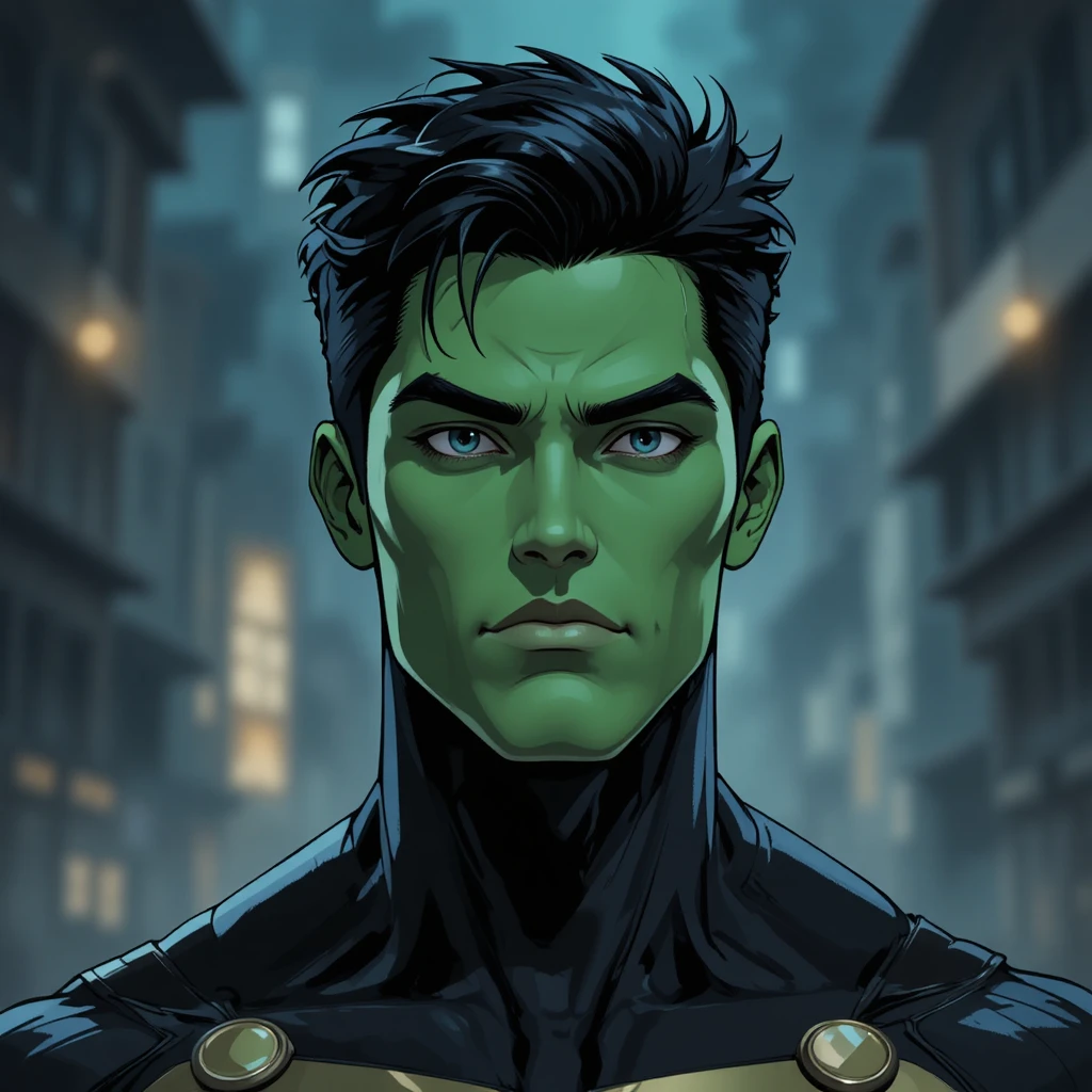 Green skinned male character with enlarged head in animation
