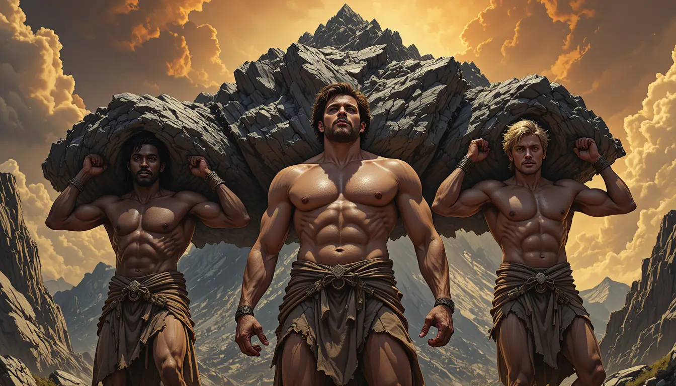 Three muscular men carrying a jagged mountain under firelit sky