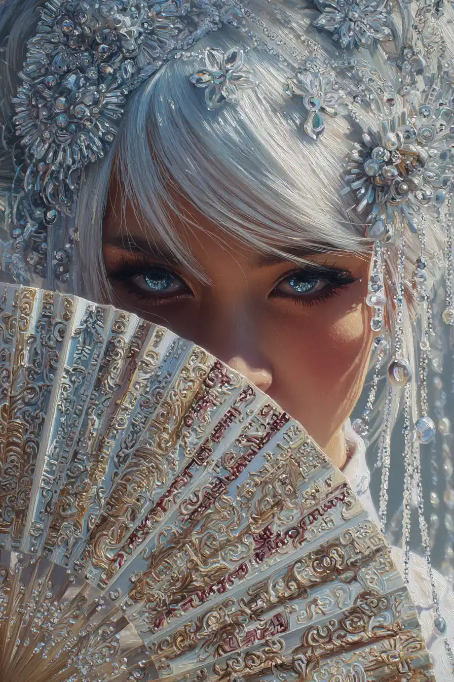 Ethereal geisha with luminous blue eyes and fan