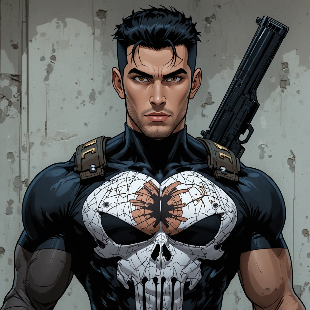 Animated male vigilante with scarred chest and dark hair
