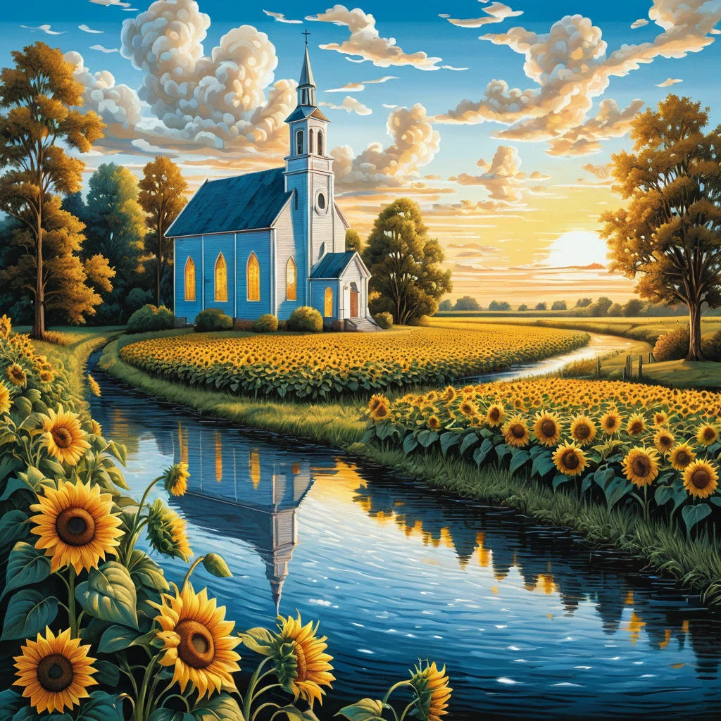 Iglesia al amanecer junto al río con un luminoso campo de girasoles