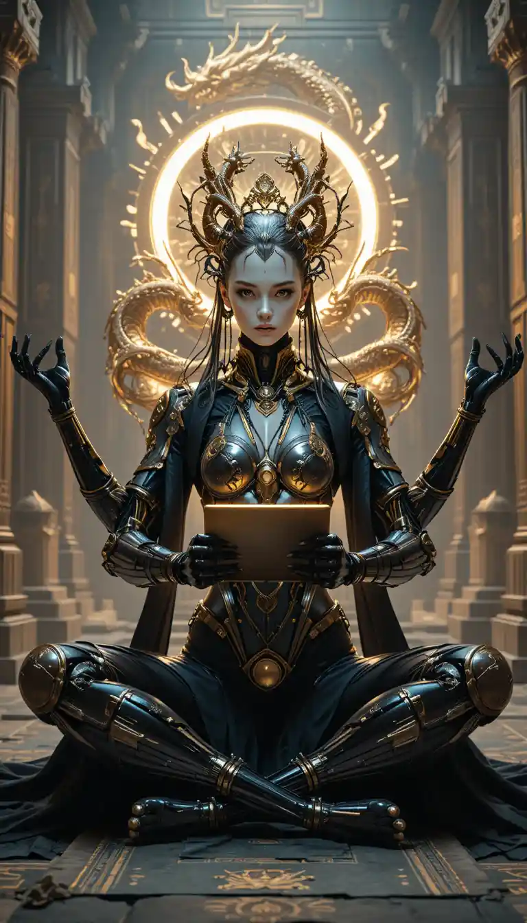 Cyberpunk-Mechanikgöttin sitzt in einem Maya-Tempel