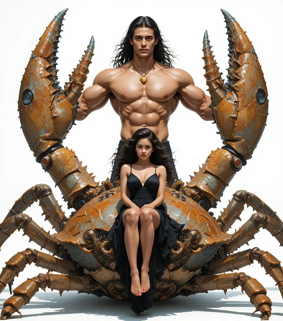 Surreal crab totem with intertwined man and woman
