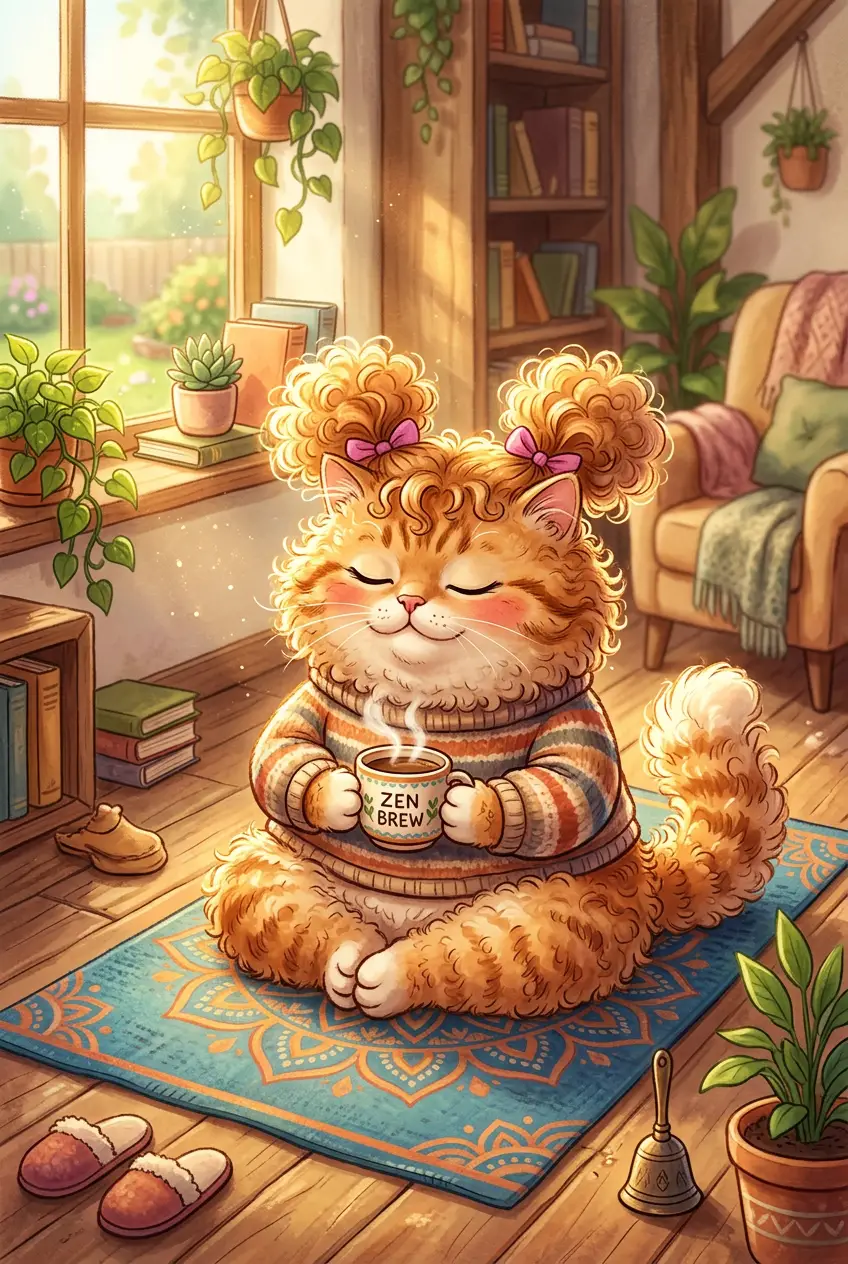 Meditating fantasy cat with coffee on a yoga mat