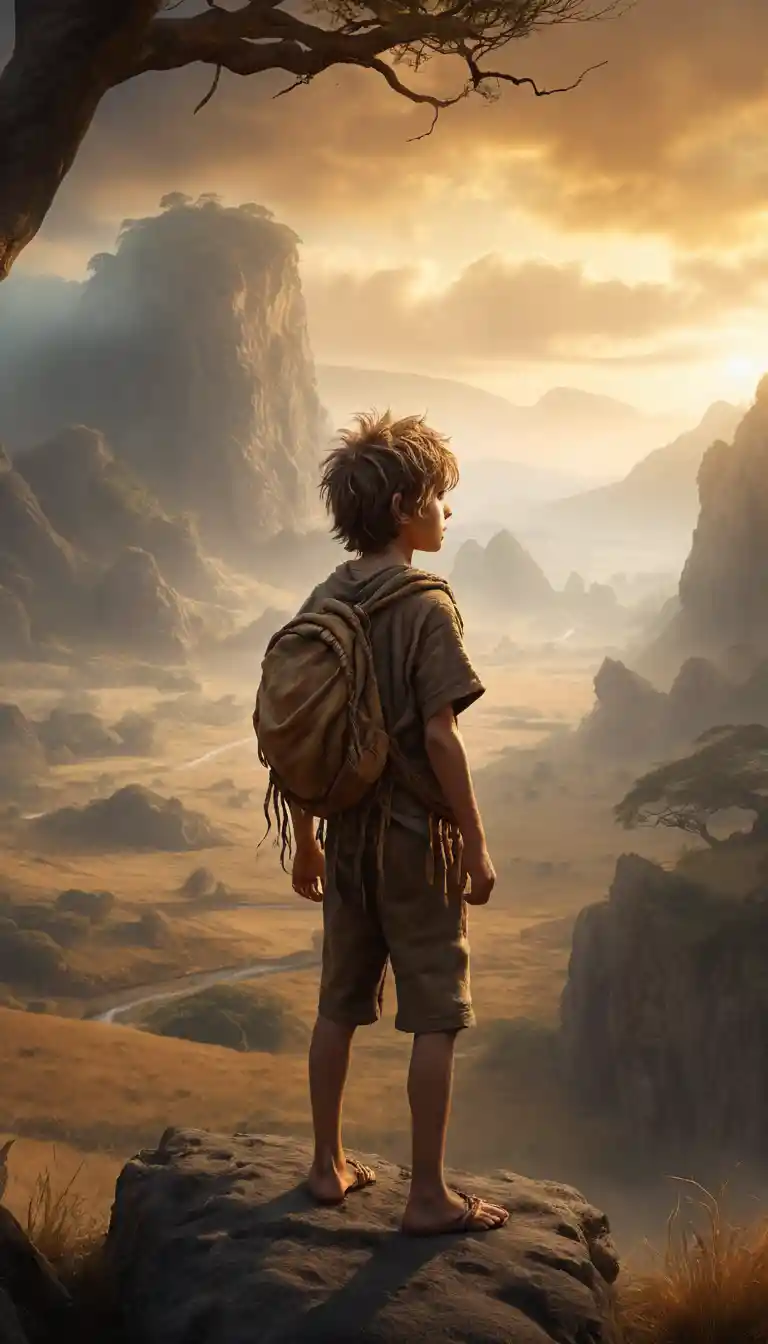 Young cave boy in a misty prehistoric valley at sunset