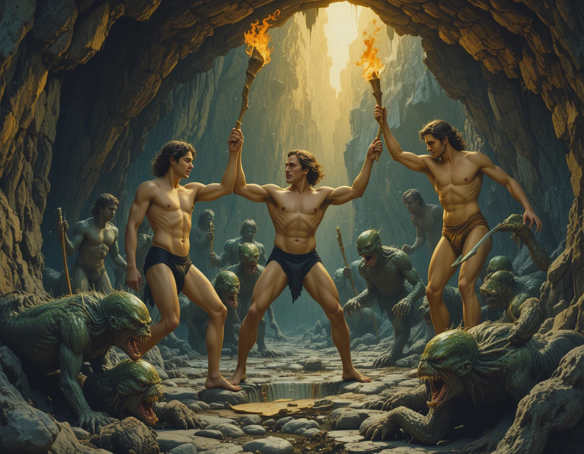 Muscular warriors battling green beasts inside fiery cave