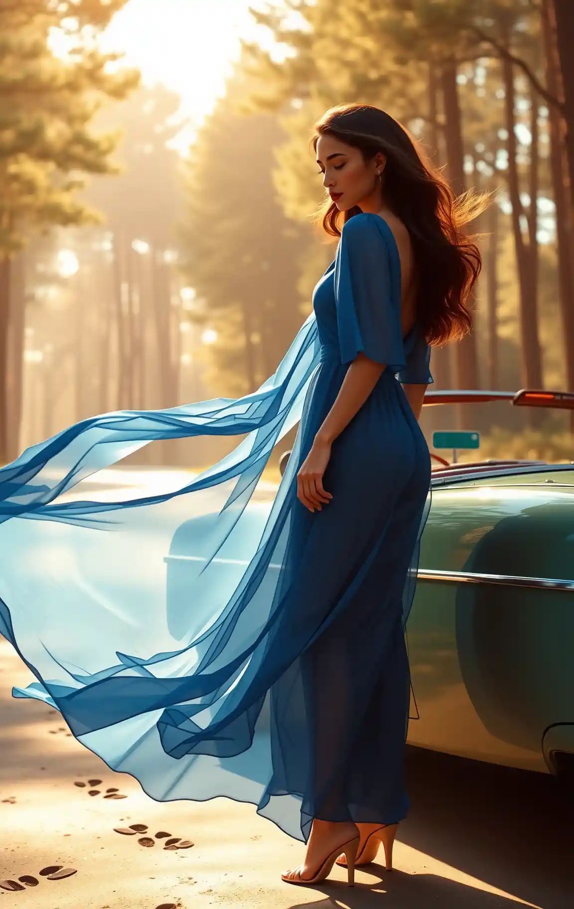 Donna elegante accanto a un’auto d’epoca su una strada nel bosco illuminata dal sole