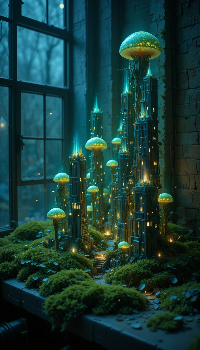 Ciudad bioluminiscente en miniatura se alza desde un alféizar cubierto de musgo