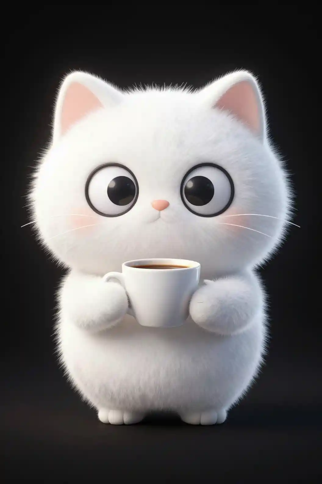 Flauschige weiße Cartoon-Katze mit Kaffeetasse