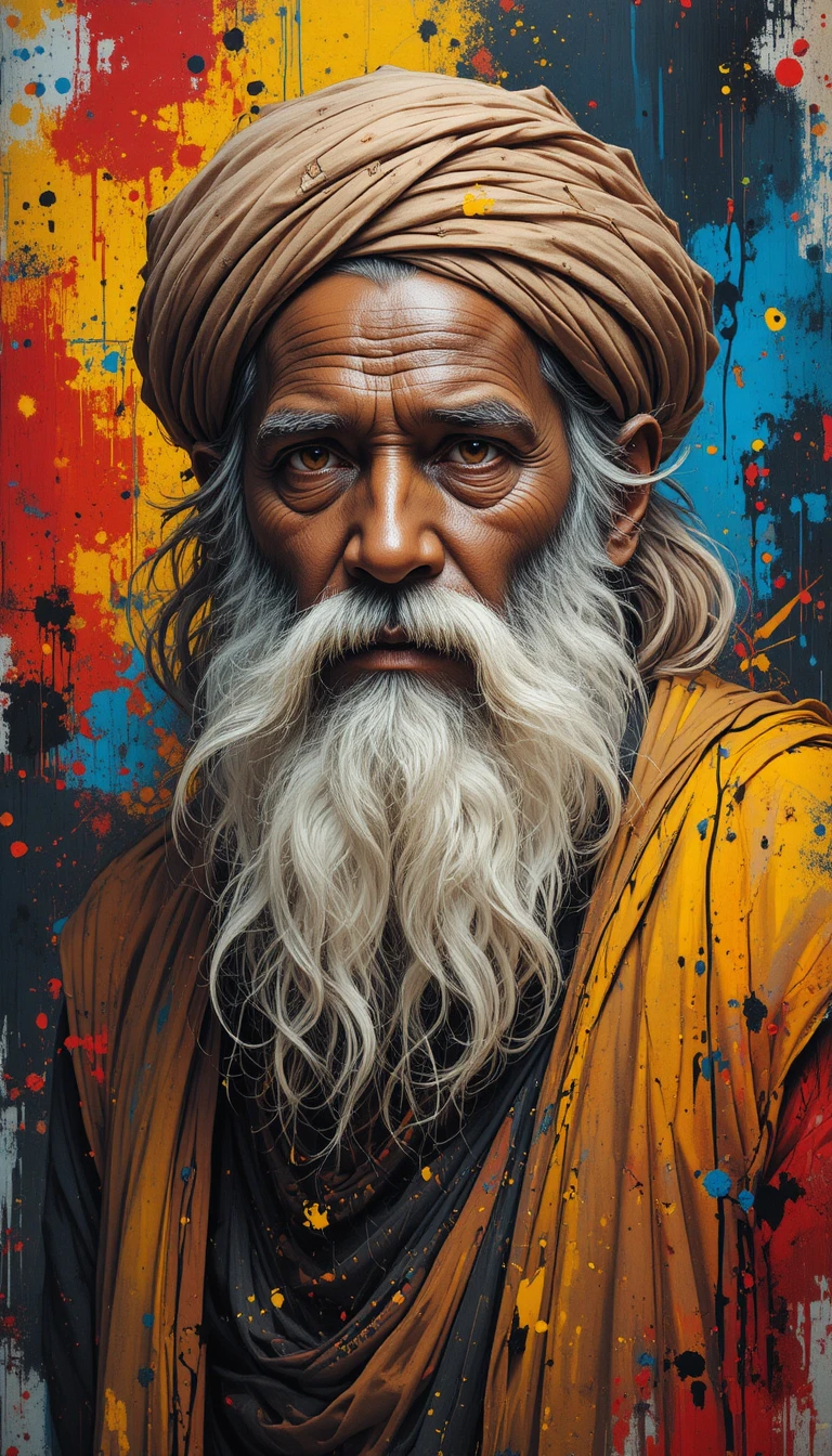 Elderly man with white beard and turban on abstract colors