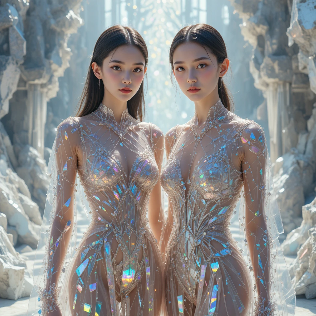 Two women in crystal dresses under dramatic refracted light