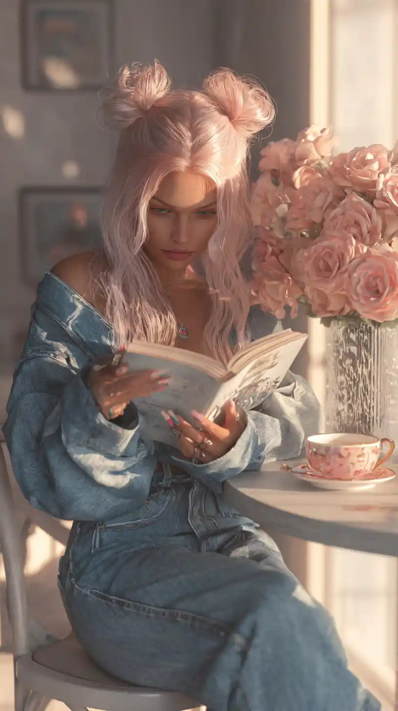 Elegant woman with silver pink hair reading at table