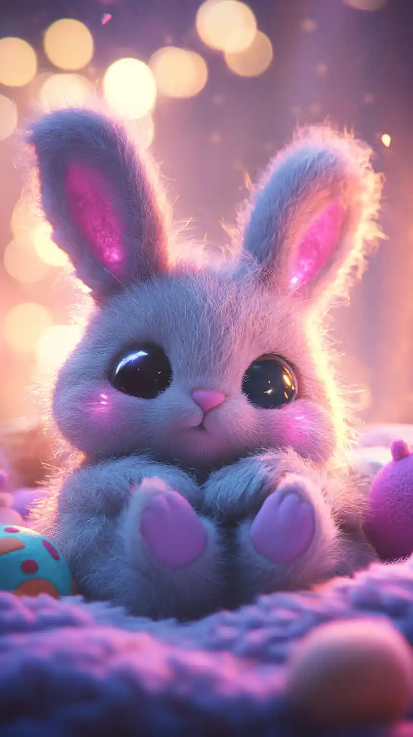 Adorable criatura de peluche acurrucada entre juguetes suaves