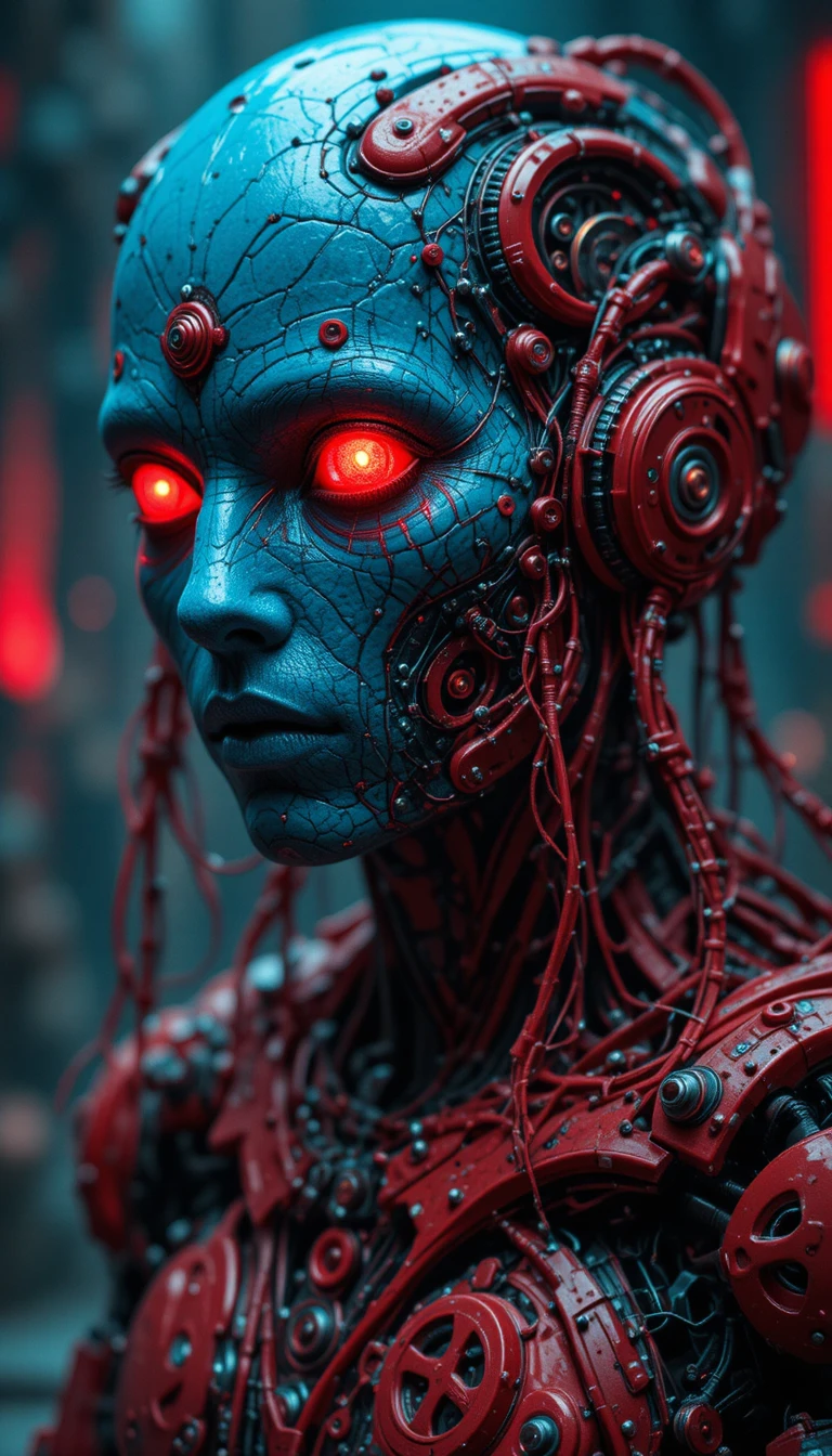 Cybernetic humanoid with glowing red eyes and wires