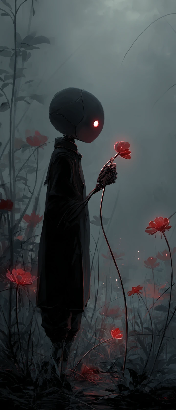 Anime figure in a dark meadow of glowing skeletal flowers