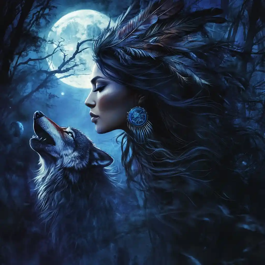 Mystical woman with wolf howling beneath the full moon