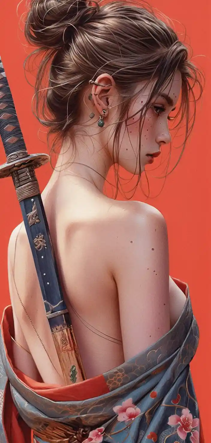 Mujer tatuada con kimono sosteniendo una katana sobre fondo rojo