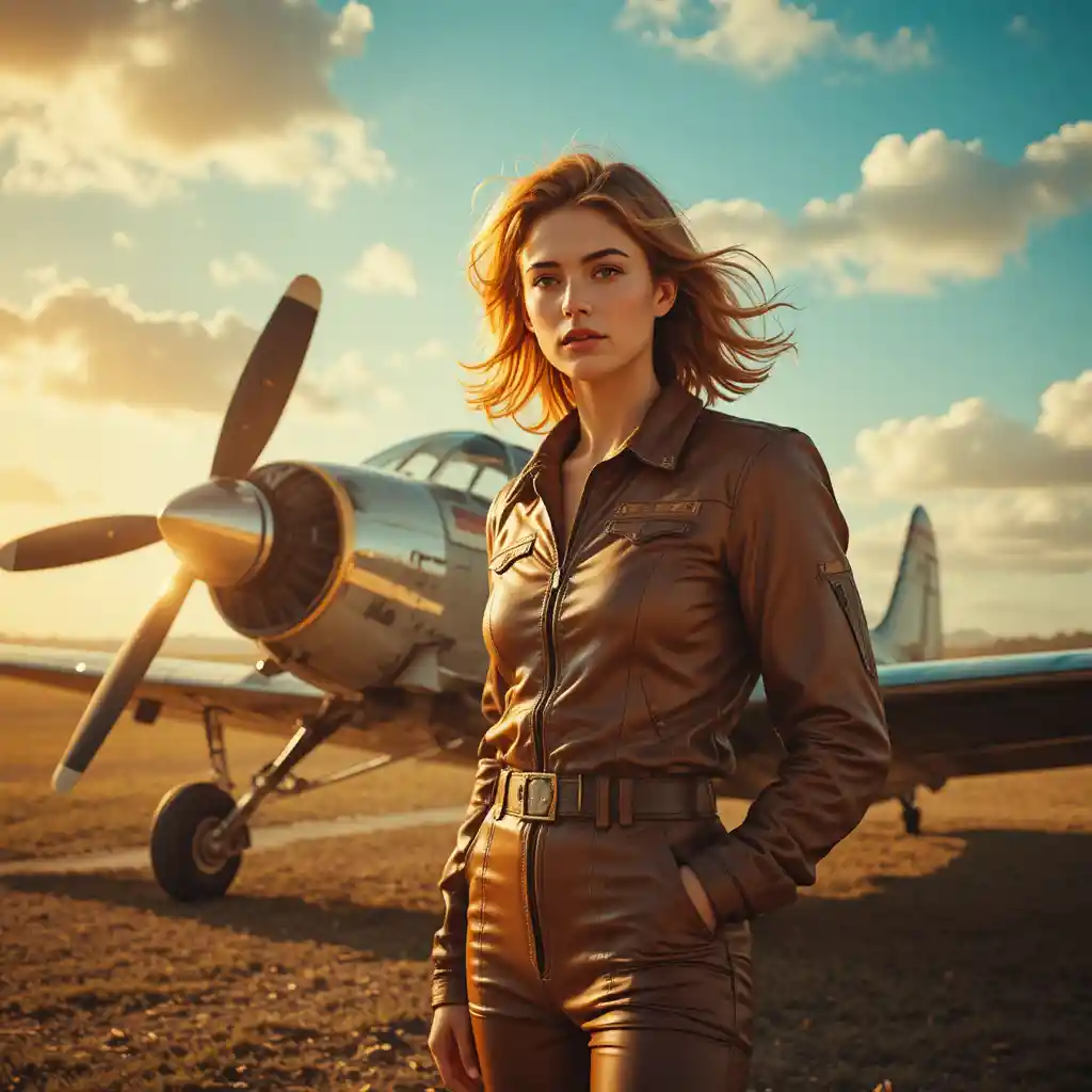 Mulher piloto de couro ao lado de avião retrô ao pôr do sol
