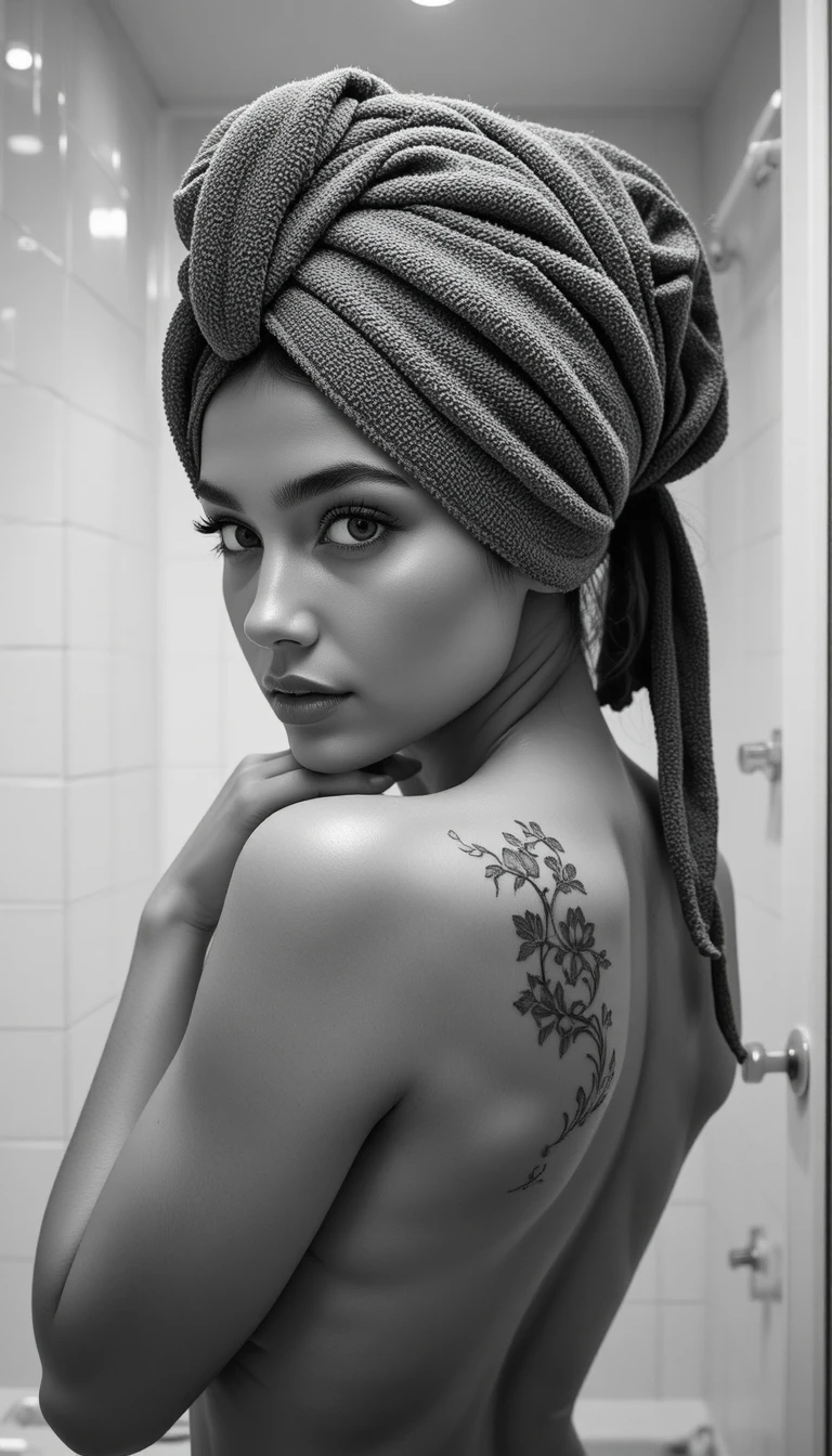 Black and white nude woman in bright tiled bathroom