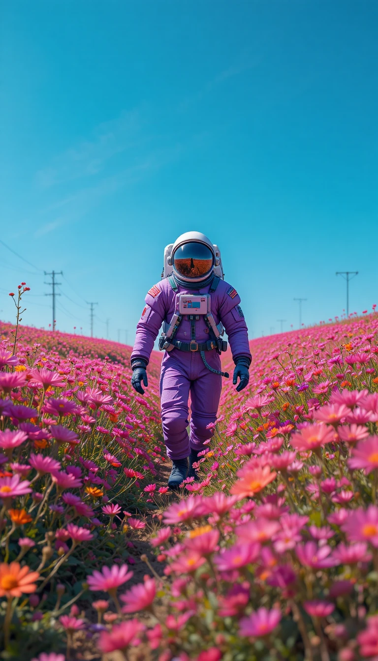 Astronaut Walking Through Colorful Wildflower Field Under Blue Sky