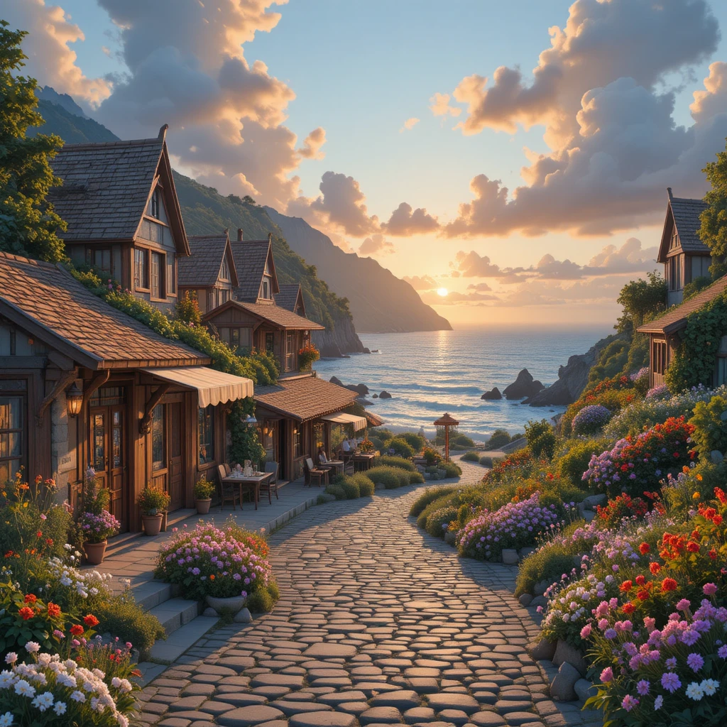 Peaceful seaside town street at warm sunset light