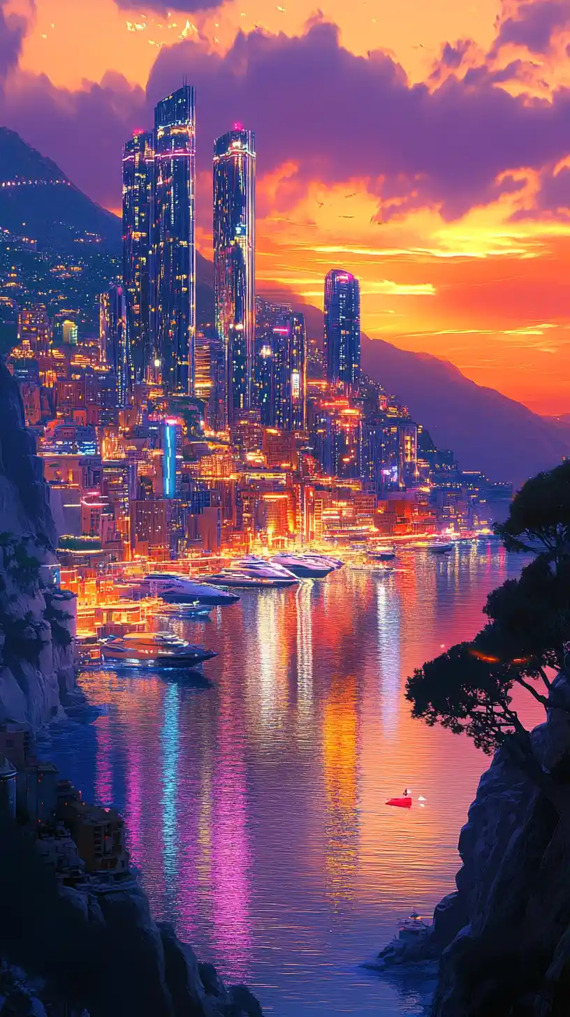 Futuristic Monaco skyline at sunset with watching lemming