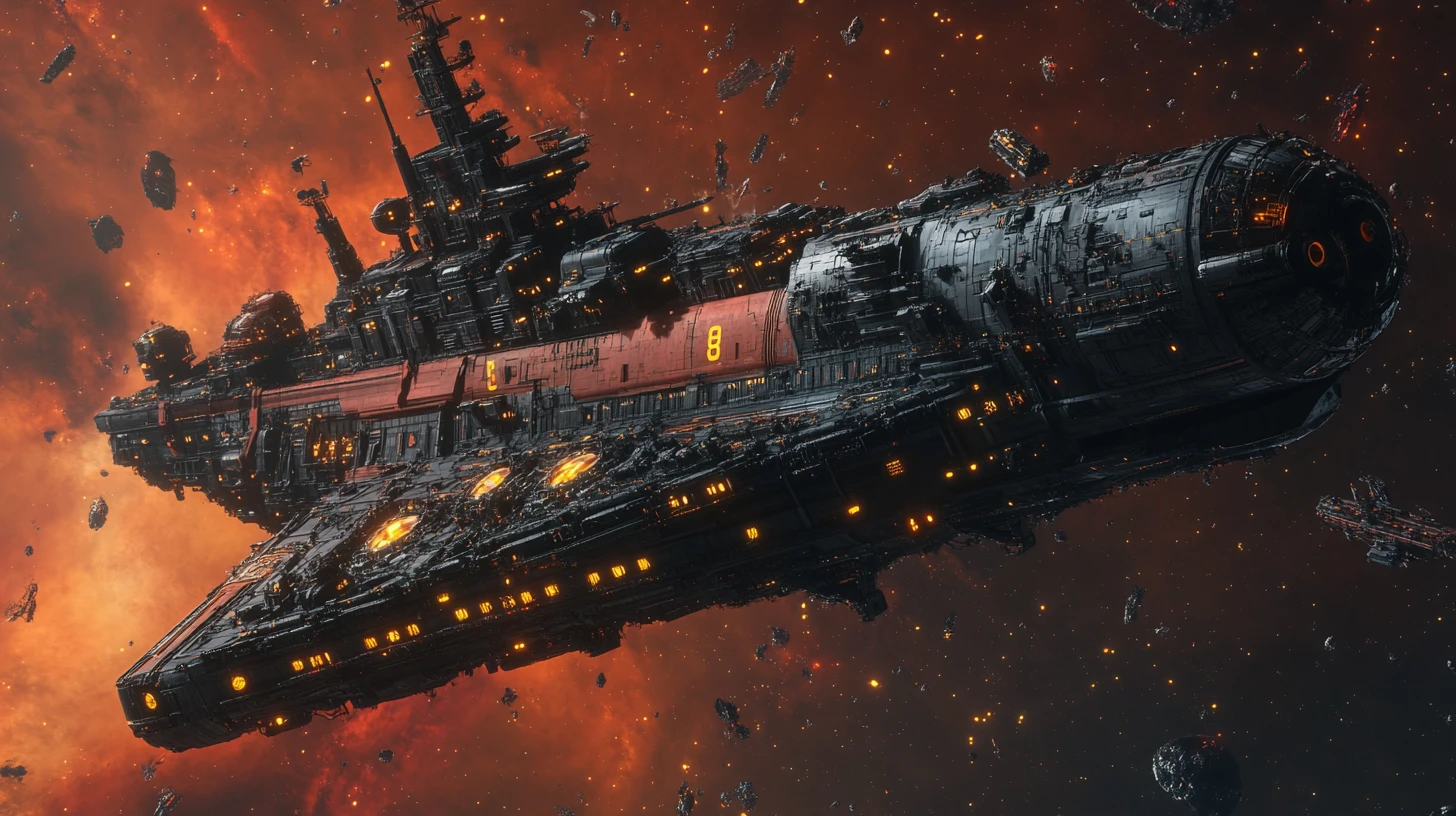 Retro futuristic battleship cruising through a dense glowing nebula