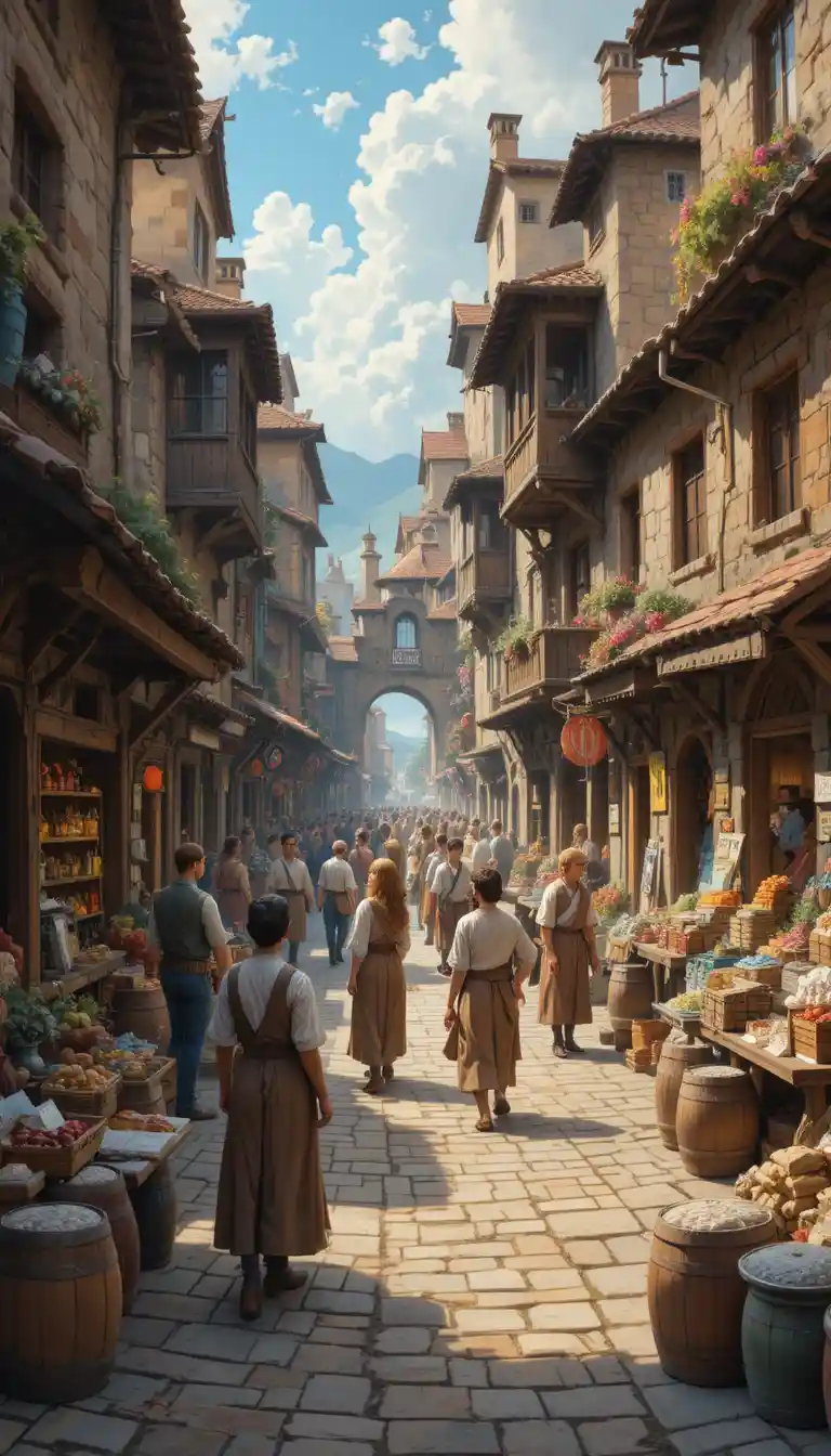 Colorful medieval market street packed with bustling shoppers