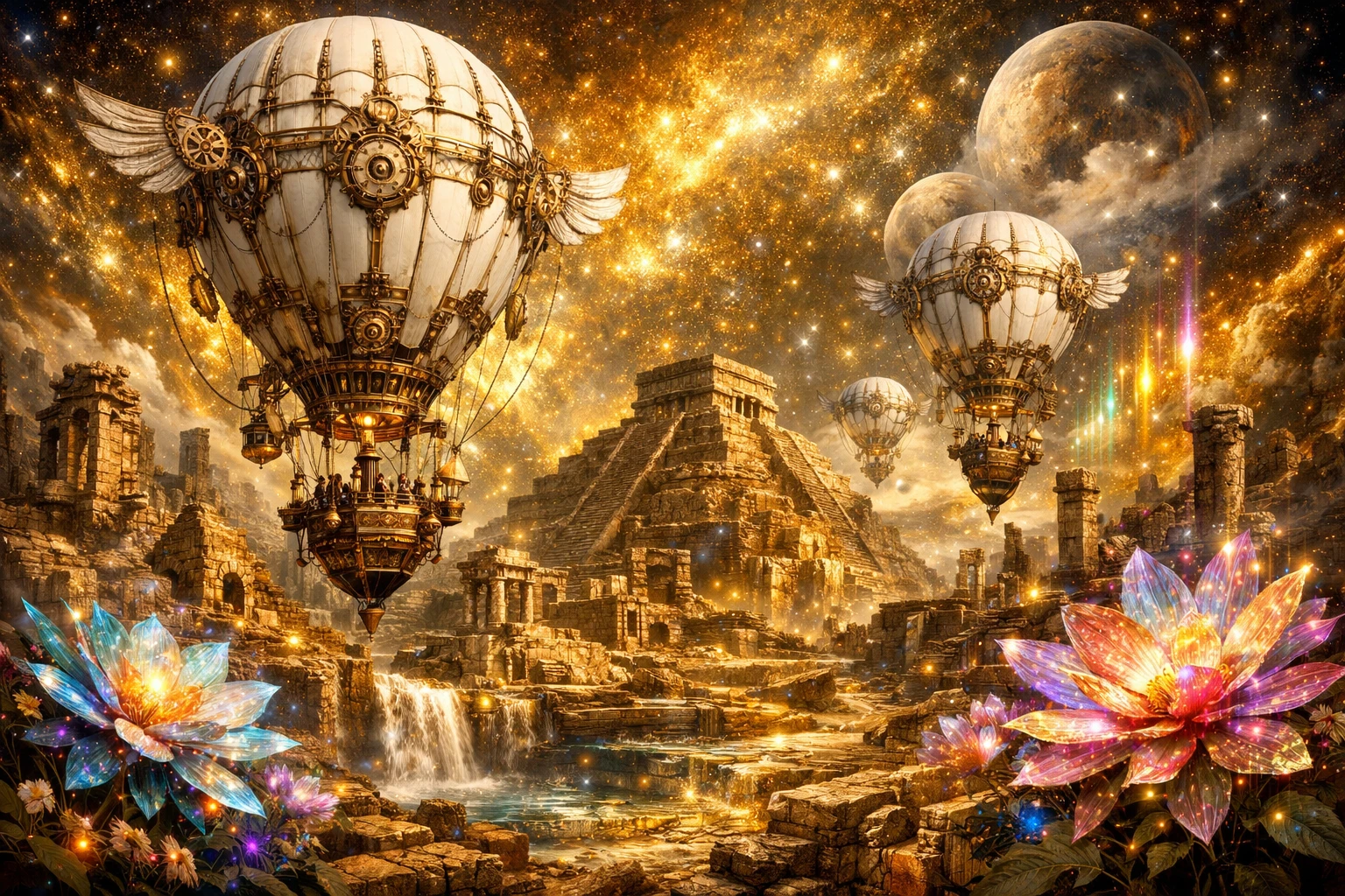 Surreal steampunk airships over ancient fantasy ruins