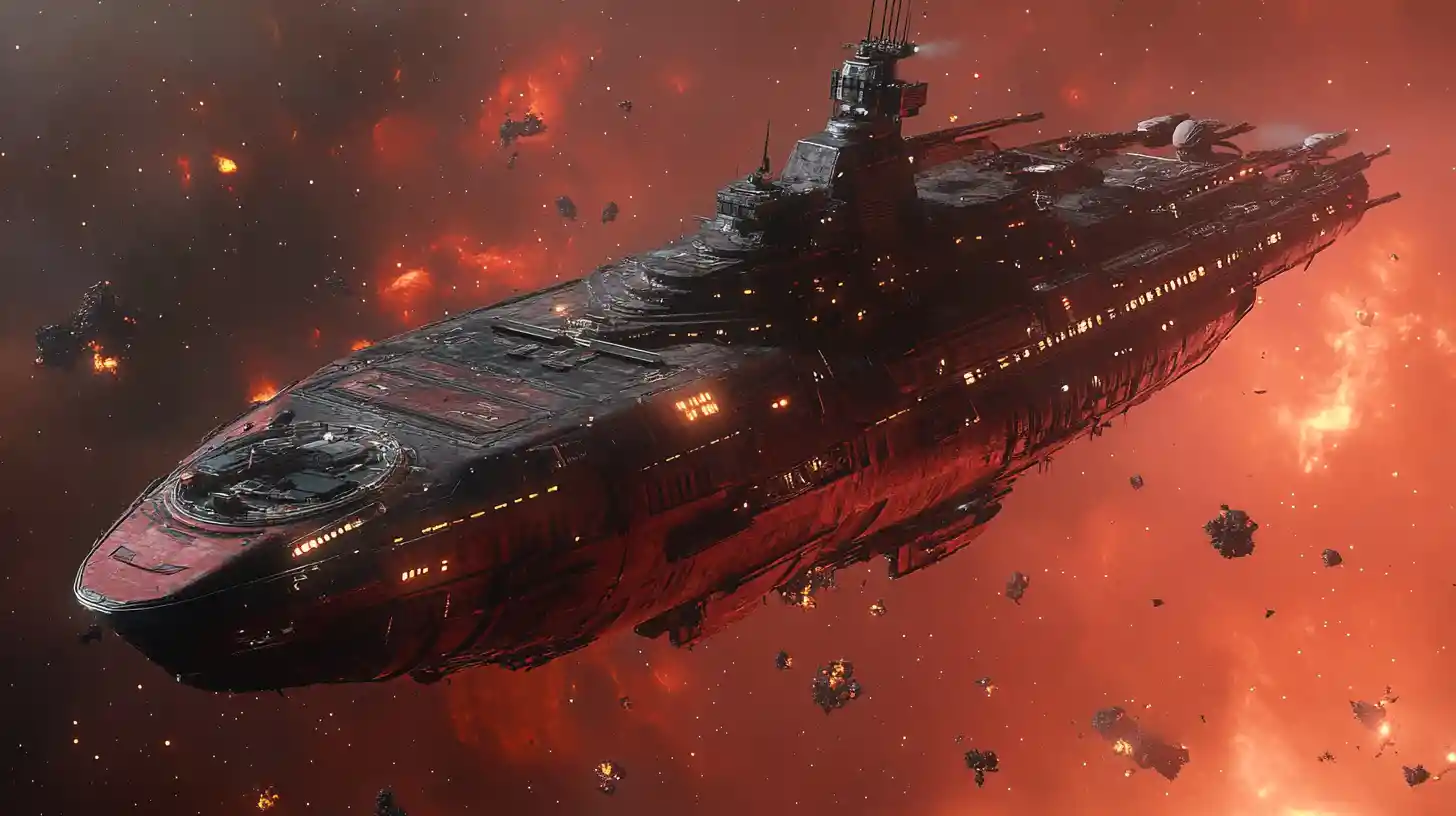 Retro futuristic battleship cruising through a glowing nebula