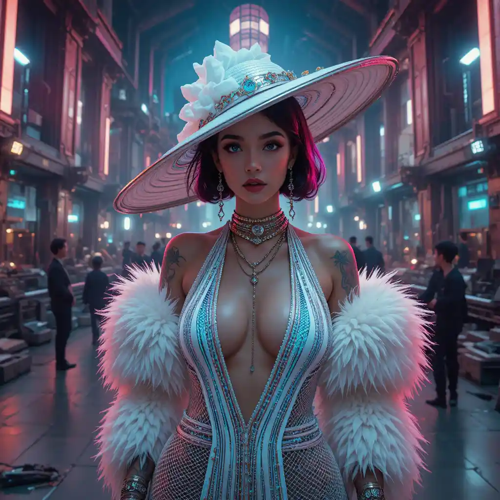 Femme fatale cyberpunk in abito bianco in un osservatorio spaziale