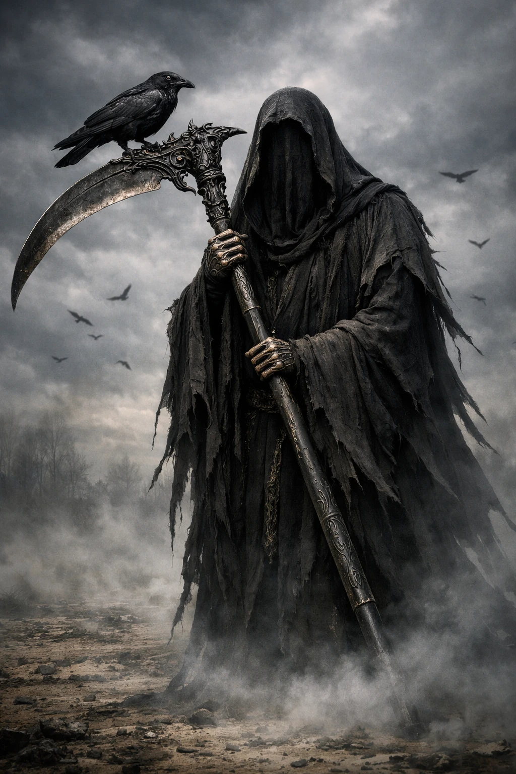 Grim Reaper With Scythe Under A Dark Stormy Sky