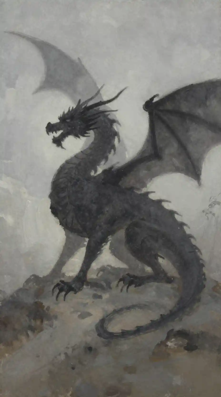 Defeated dragon resting in a desolate watercolor landscape