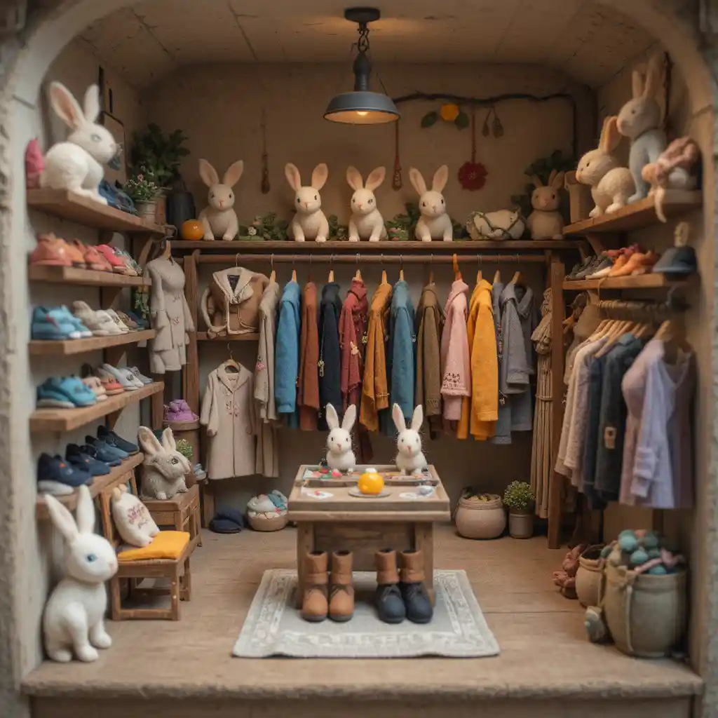 Miniature felt rabbit boutique filled with tiny clothes